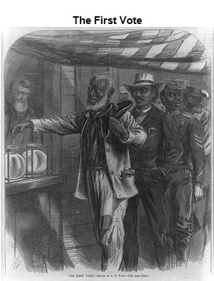 Cartoon depicting a line of African-American males (dressed in varying clothes indicated class, including a soldier) waiting to vote as an Anglo-American male looks on