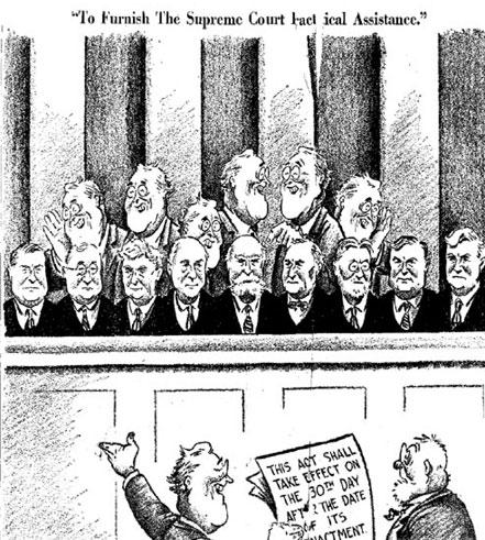 Image of a cartoon depicting sitting Supreme Court Justices, with a row of six FDRs standing behind them. The cartoon is titled, 'To Furnish the Supreme Court Practical Assistance'