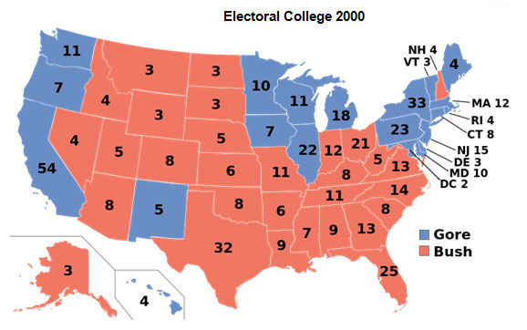 Image of a map of the United States. Each state is numbered according to the number of electoral votes. Each state is shaded according to which candidate was elected in the state.