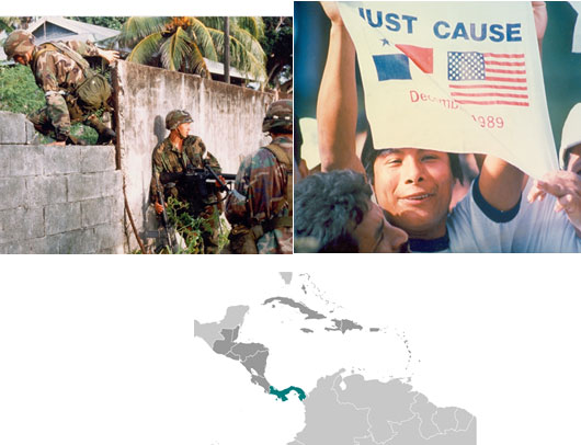 Image of a map of the southern part of North America, Central America, and the northern tip of South America, Image of three American soldiers jumping over a brick wall, Image of a Panamanian holding a sign that says 'Just Cause' with a Panamanian and United States flag side by side. 