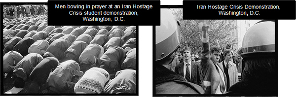 Image of 12 rows of men bowing in prayer. A row of police officers is behind them and Several men stand in front of police officers at the student demonstration