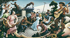 Mural of five scenes of various people playing instruments or singing