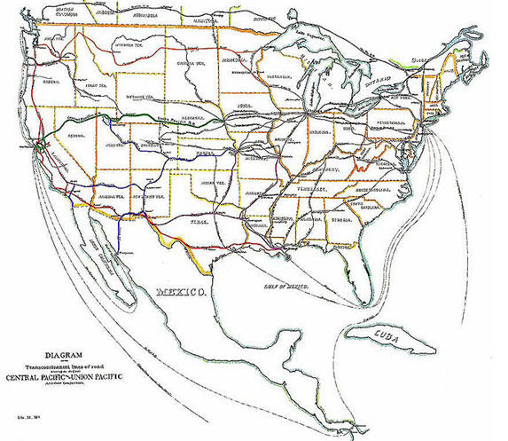 Image of a North American map with routes of Central Pacific – Union Pacific routes drawn