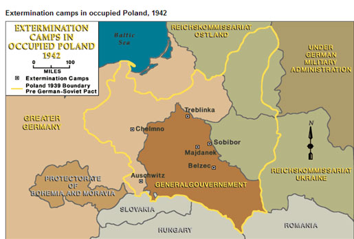 Map of Eastern Europe illustrating extermination camps in Poland.