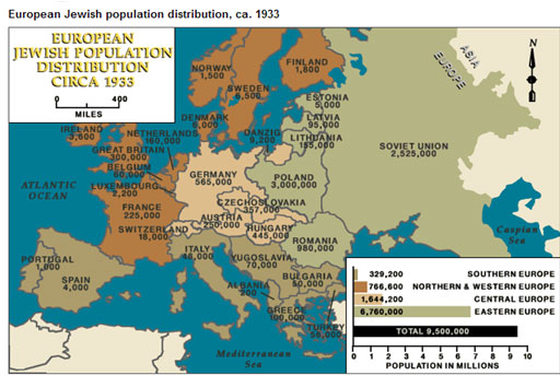 Map of Europe that illustrates the number of European Jews by country